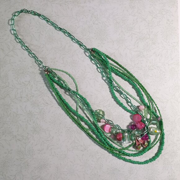 Vintage Green Pink Beaded Necklace Charms Lobster Clasp Closure Up to 25" Long - Picture 1 of 6